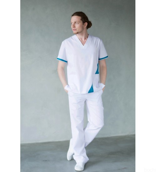 Медицинский мужской  костюм Иван белый с отделкой морская волна фото